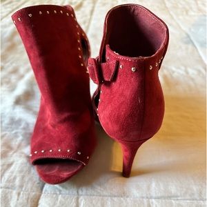 Heeled Red Suede Open toe Bootie,